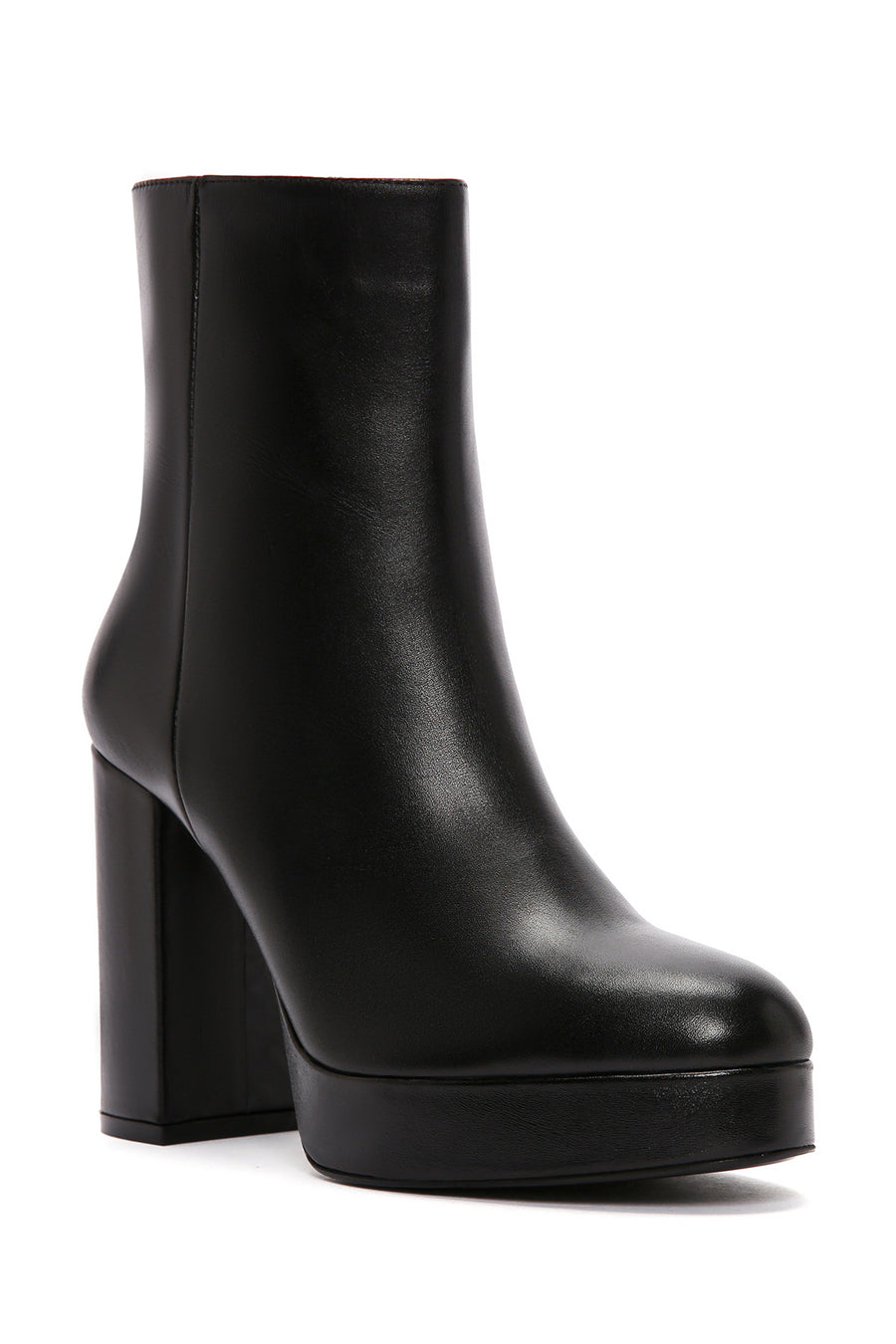 Women's Black Zippered Thick High Heel Leather Boots
