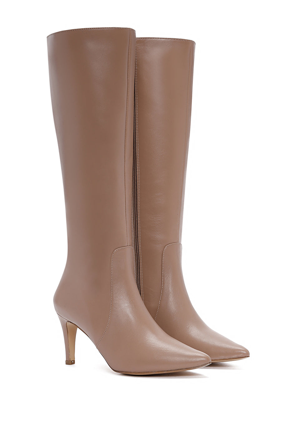 Kadın Camel Fermuarlı İnce Topuklu Deri Çizme