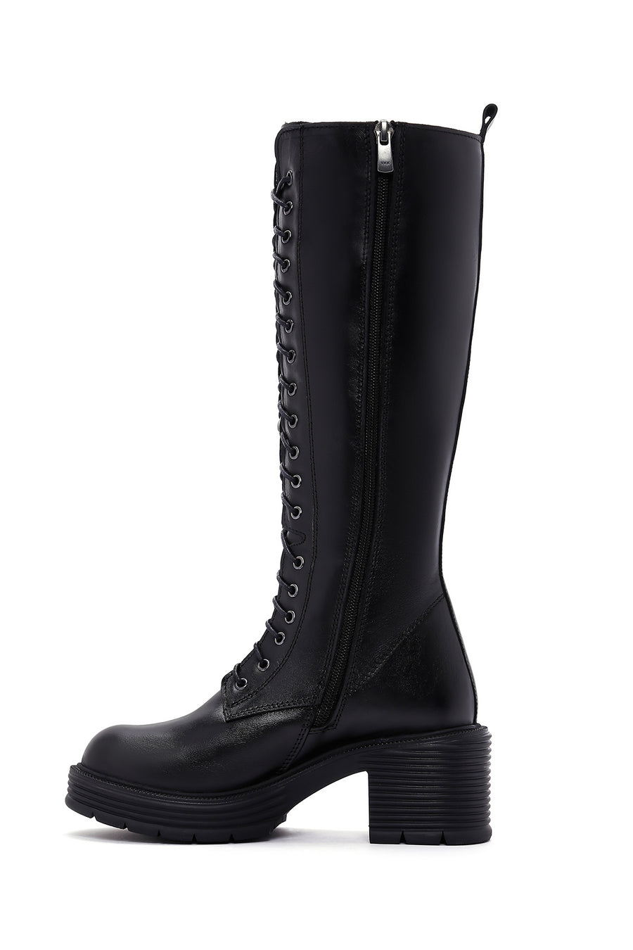 Women's Black Zipper Heeled Leather Boots