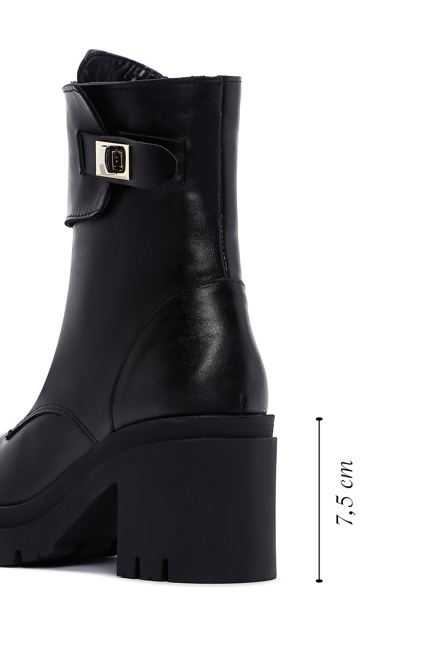 Women's Black Leather Buckle Heeled Boots