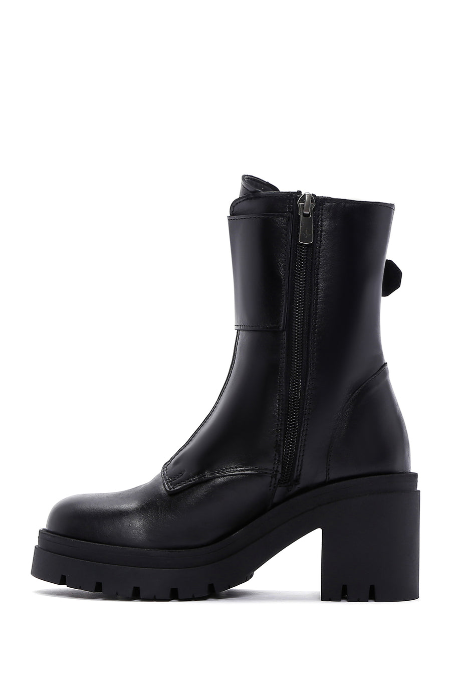 Women's Black Leather Buckle Heeled Boots