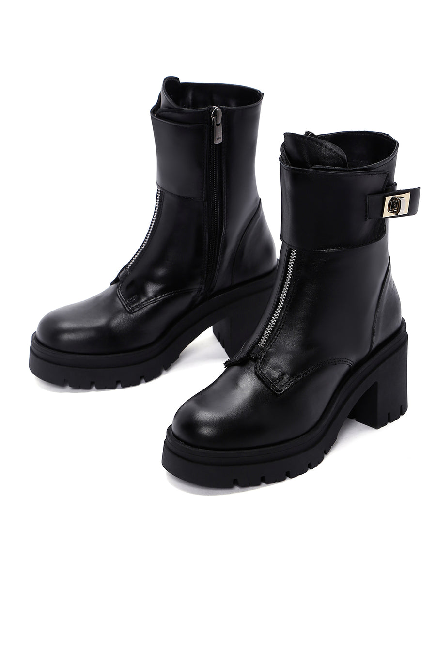 Women's Black Leather Buckle Heeled Boots