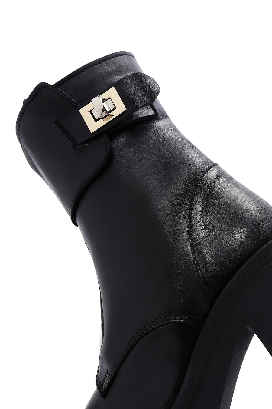 Women's Black Leather Buckle Heeled Boots