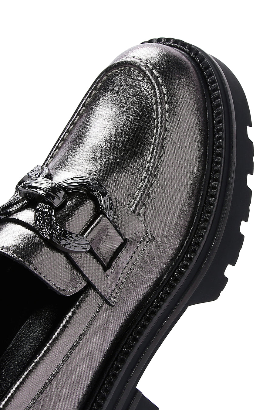 Kadın Gümüş Deri Tokalı Casual Loafer