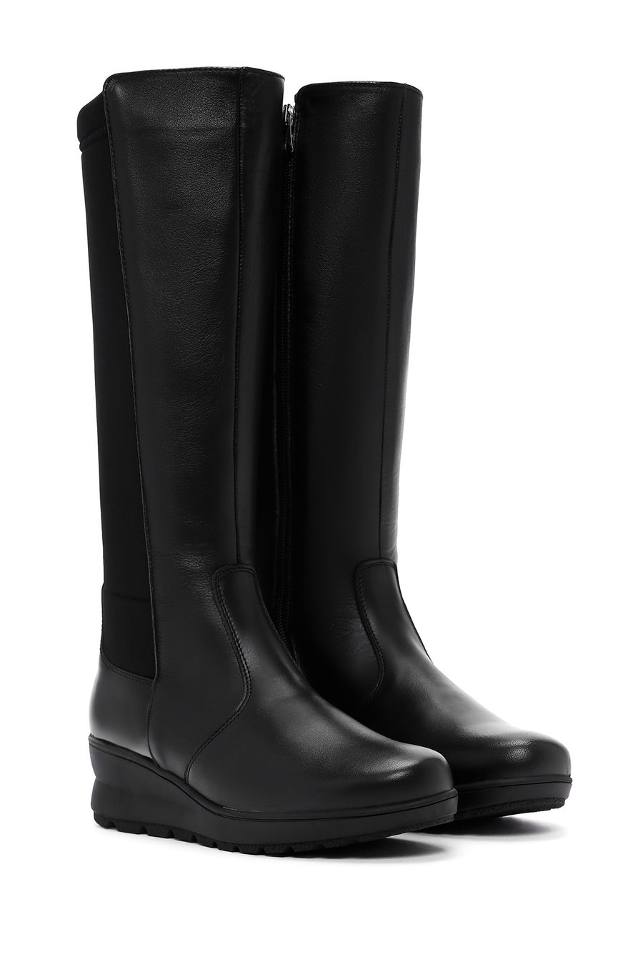 Women's Black Zippered Wedge Heeled Casual Leather Boots