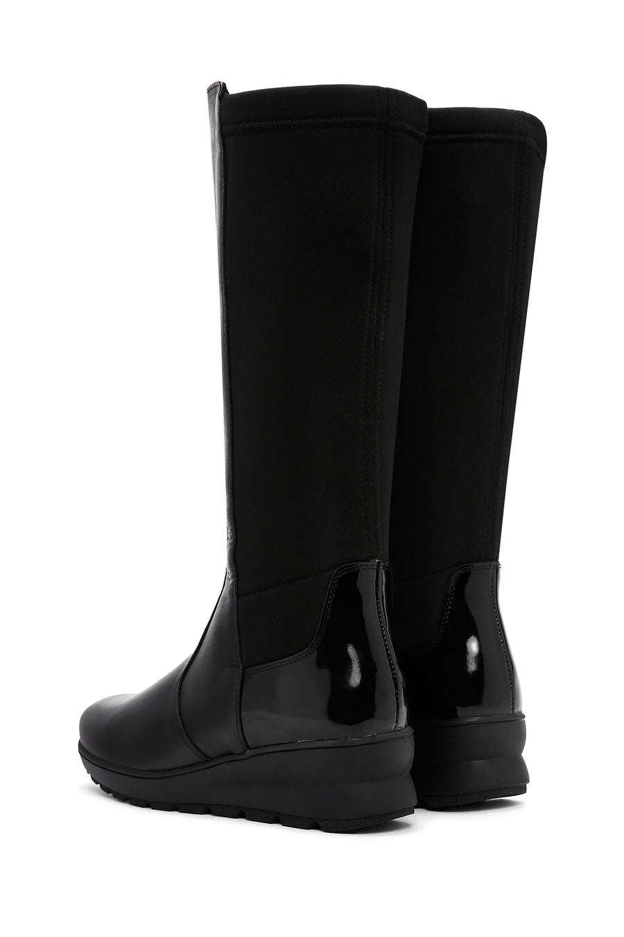Women's Black Zippered Wedge Heeled Casual Leather Boots