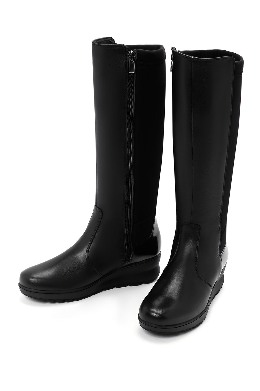 Women's Black Zippered Wedge Heeled Casual Leather Boots