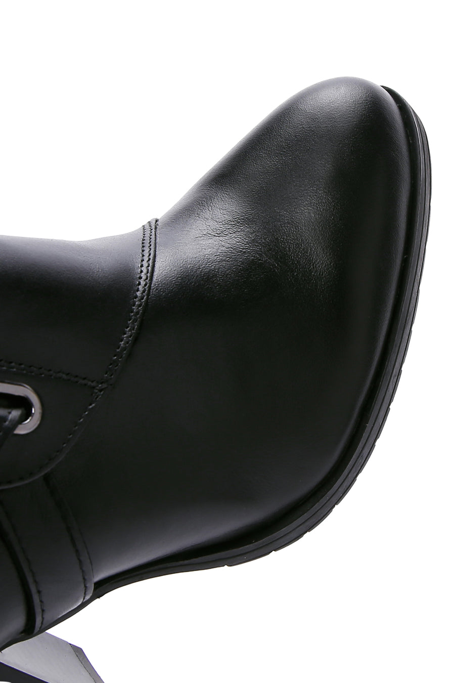 Women's Black Leather Buckle Heeled Bootie