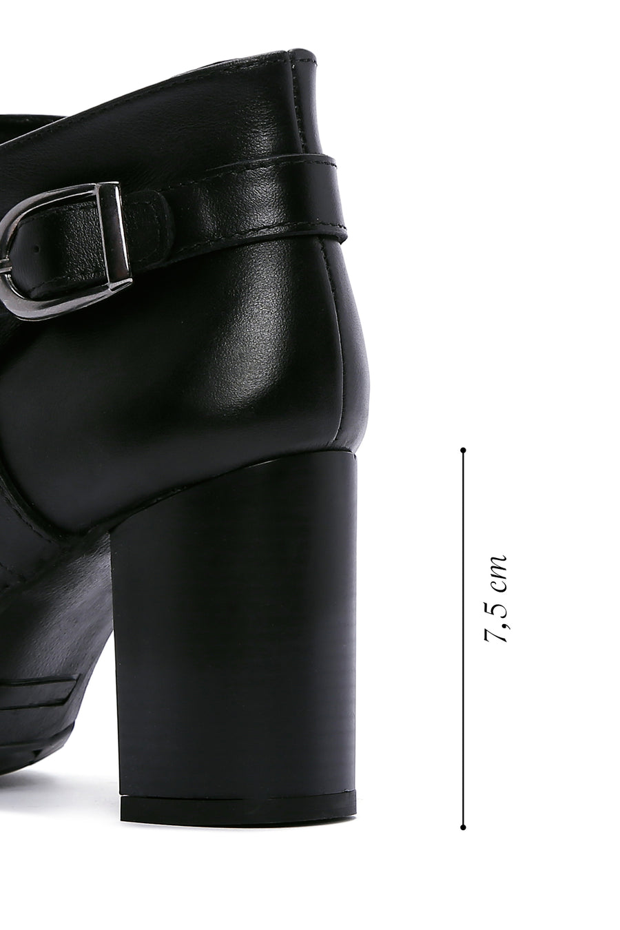 Women's Black Leather Buckle Heeled Bootie