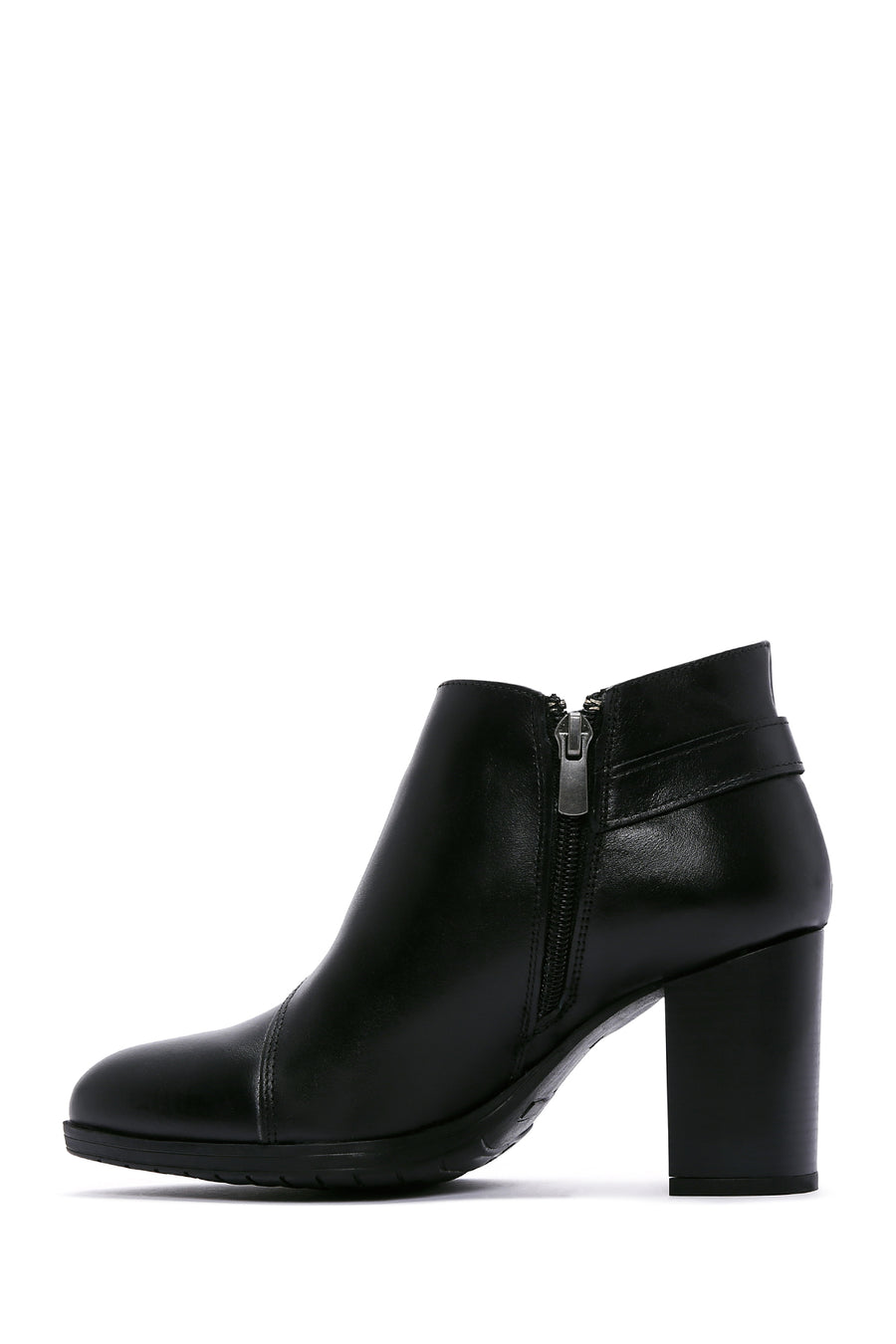 Women's Black Leather Buckle Heeled Bootie