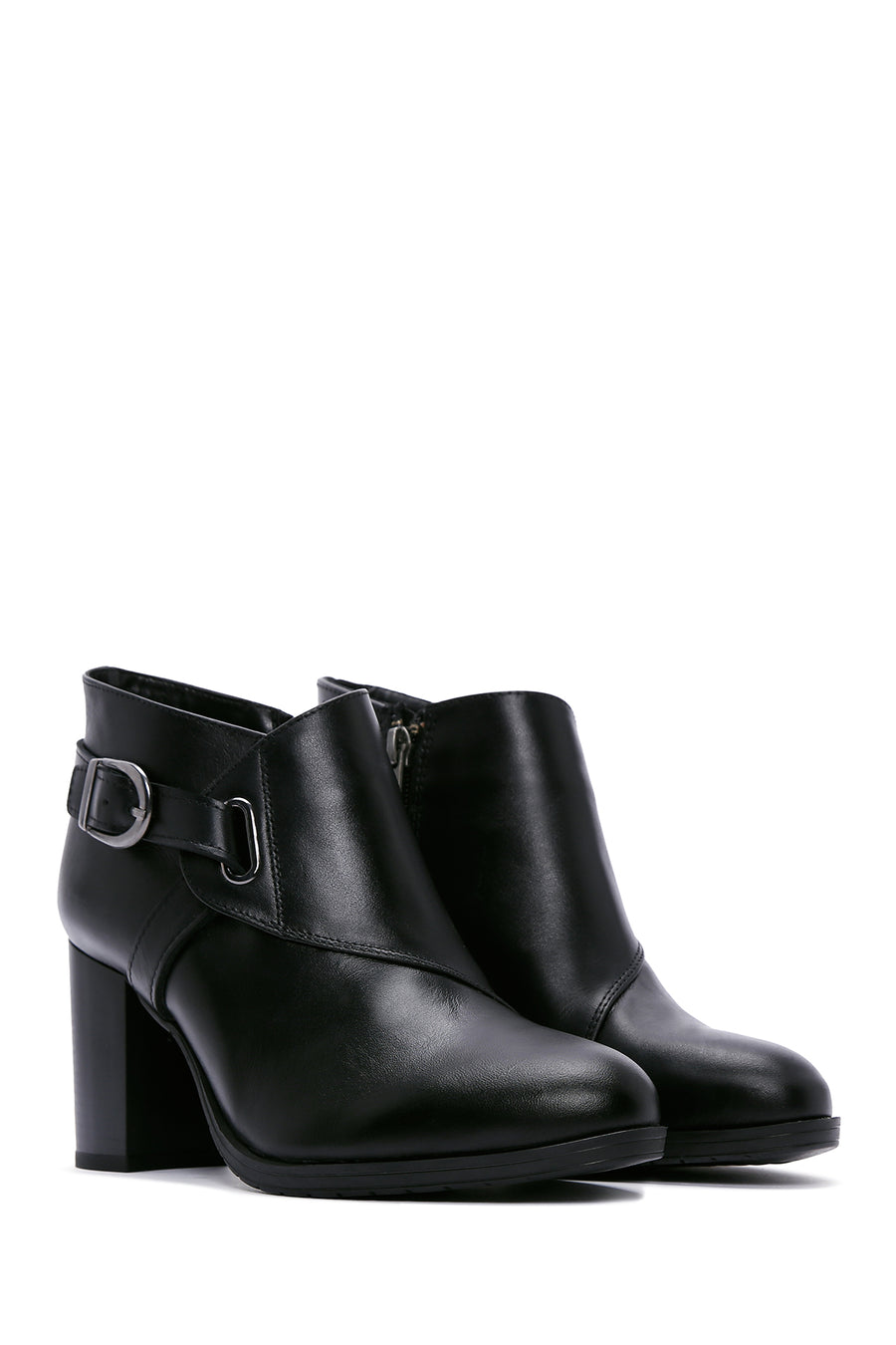 Women's Black Leather Buckle Heeled Bootie