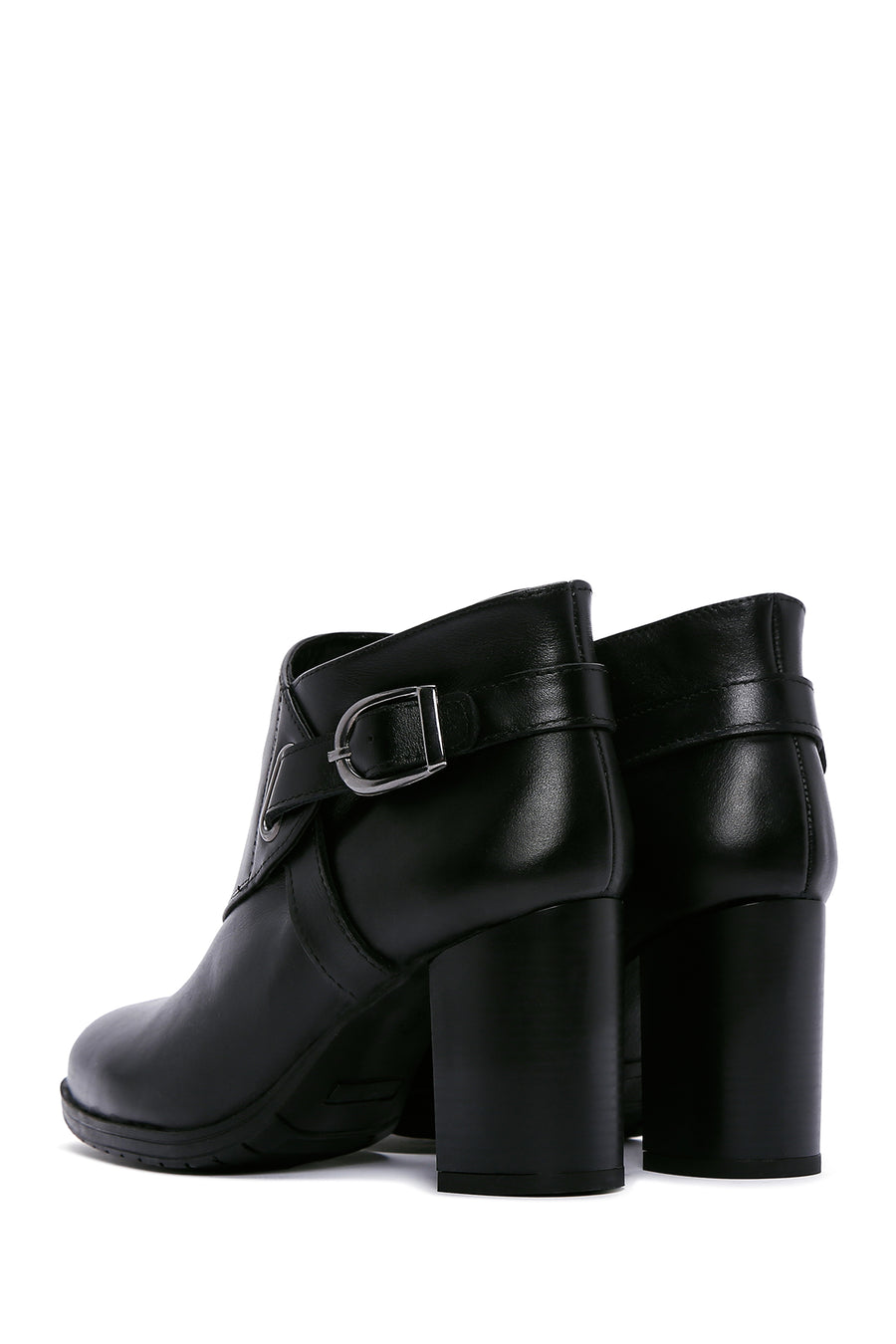 Women's Black Leather Buckle Heeled Bootie