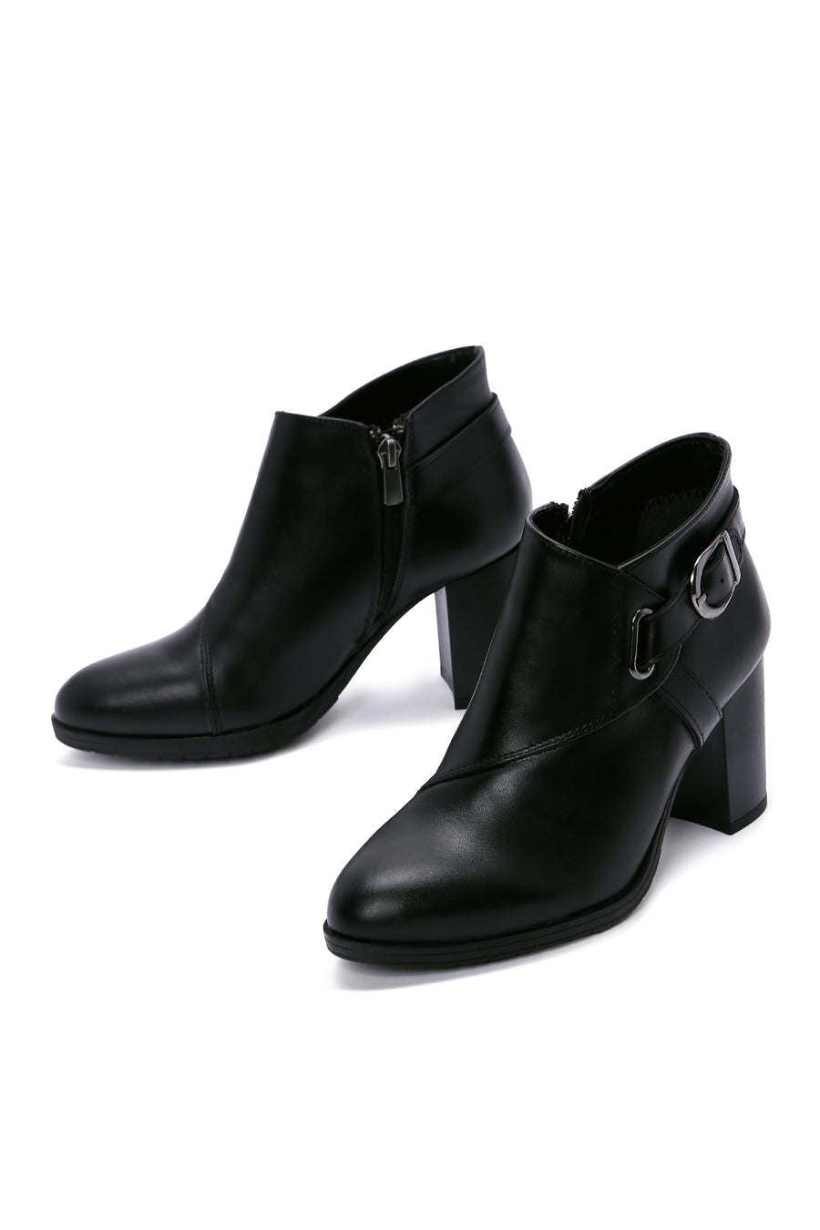 Women's Black Leather Buckle Heeled Bootie