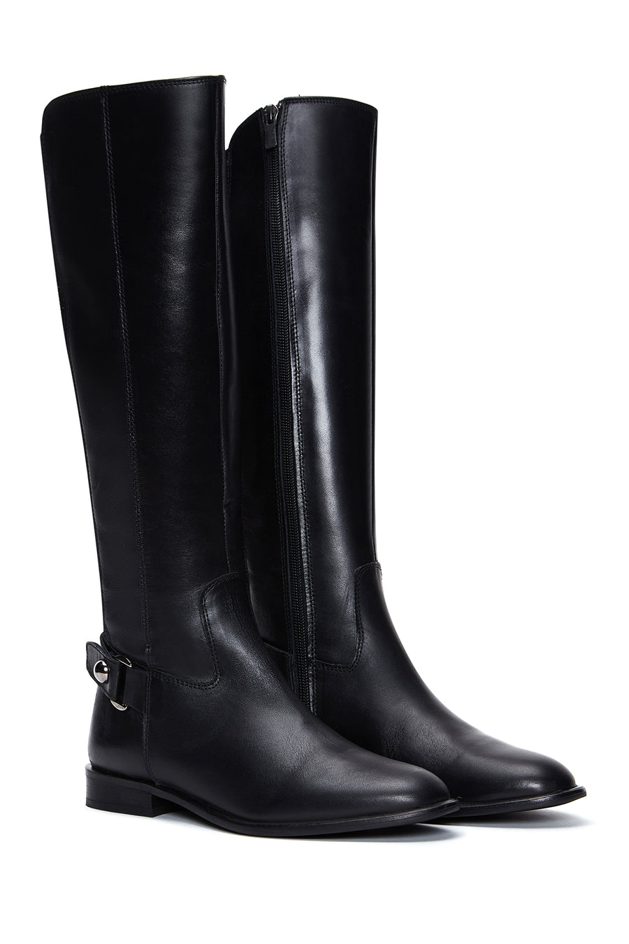 Women's Black Leather Buckle Zippered Boots