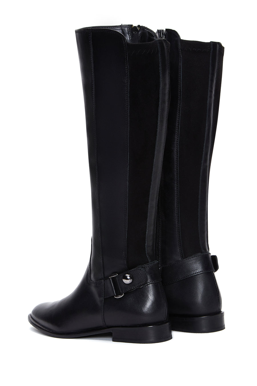 Women's Black Leather Buckle Zippered Boots
