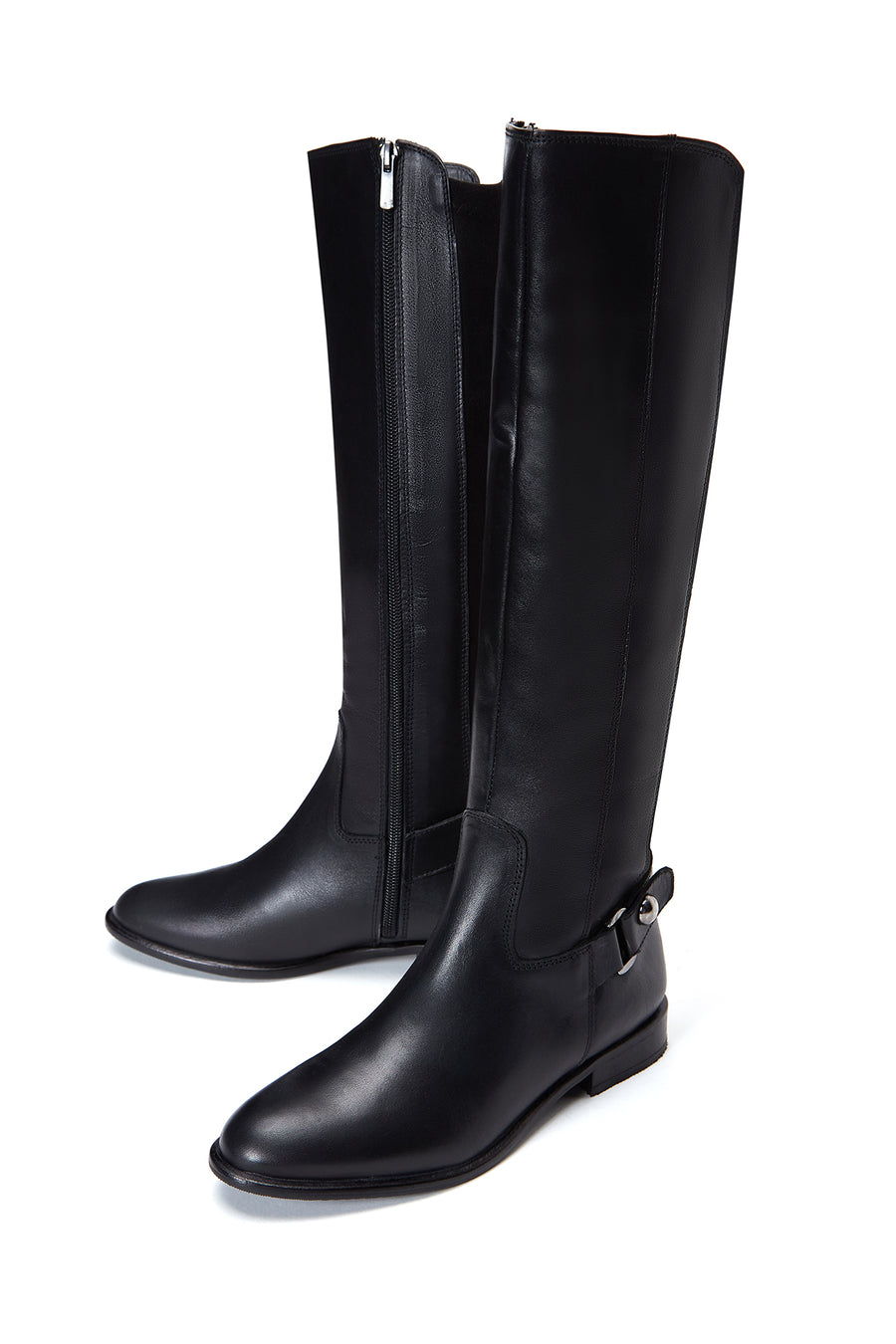 Women's Black Leather Buckle Zippered Boots