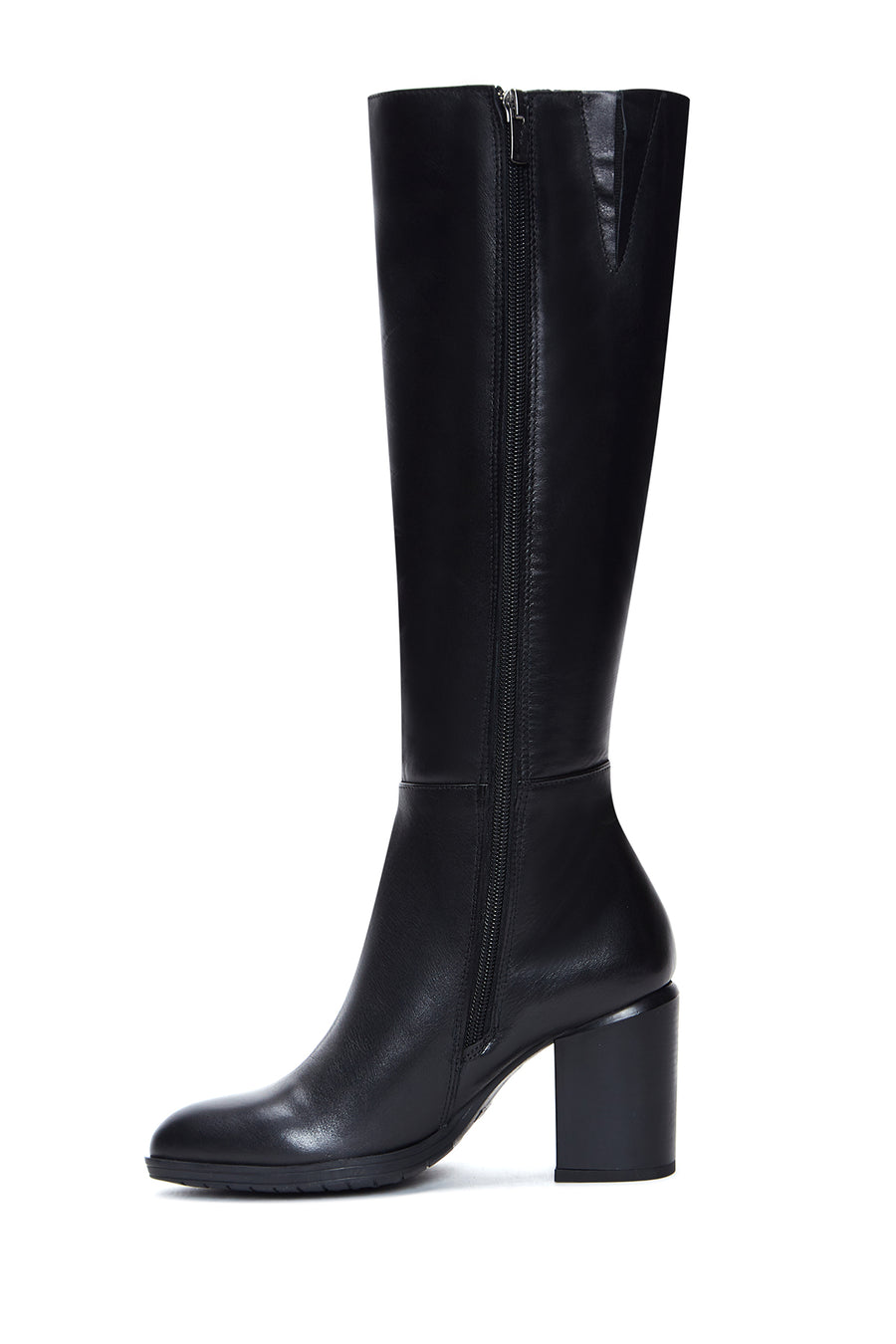 Women's Black Leather Zippered Heeled Boots