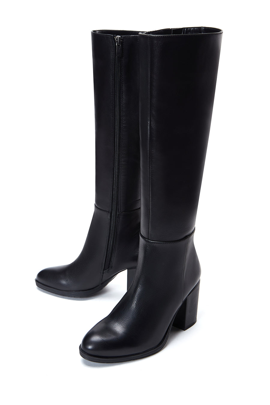Women's Black Leather Zippered Heeled Boots