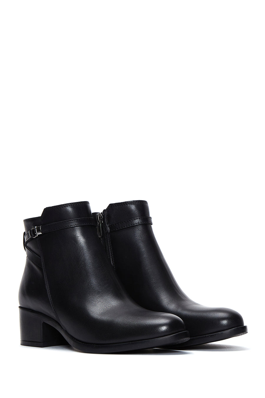 Women's Black Leather Buckle Heeled Boots
