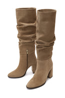 Women's Tan Suede Leather Heeled Boots | Derimod
