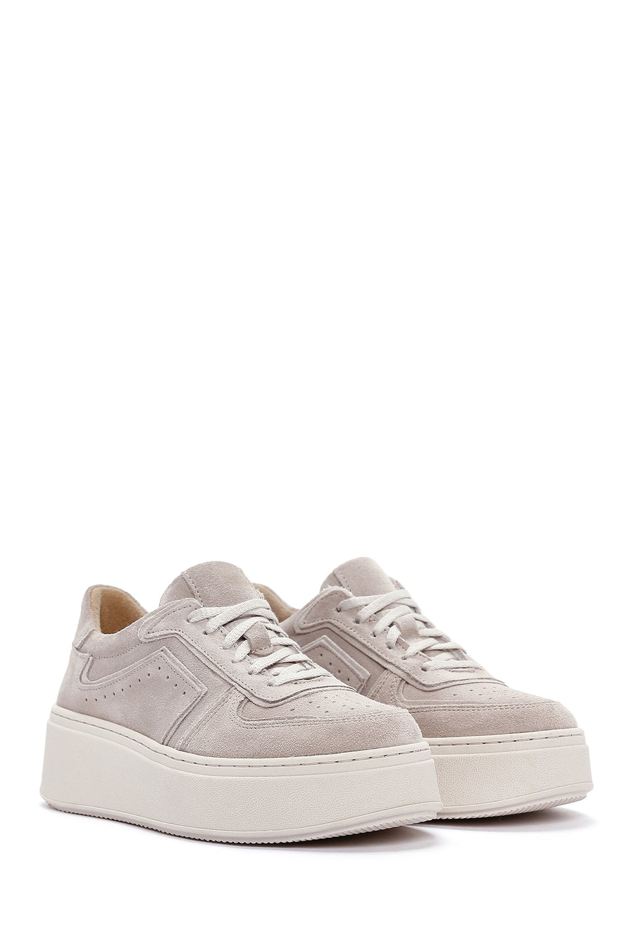 Women's Beige Thick Soled Nubuck Leather Sneaker