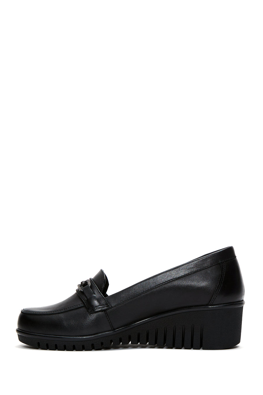 Women's Black Leather Buckle Wedge Heeled Loafer
