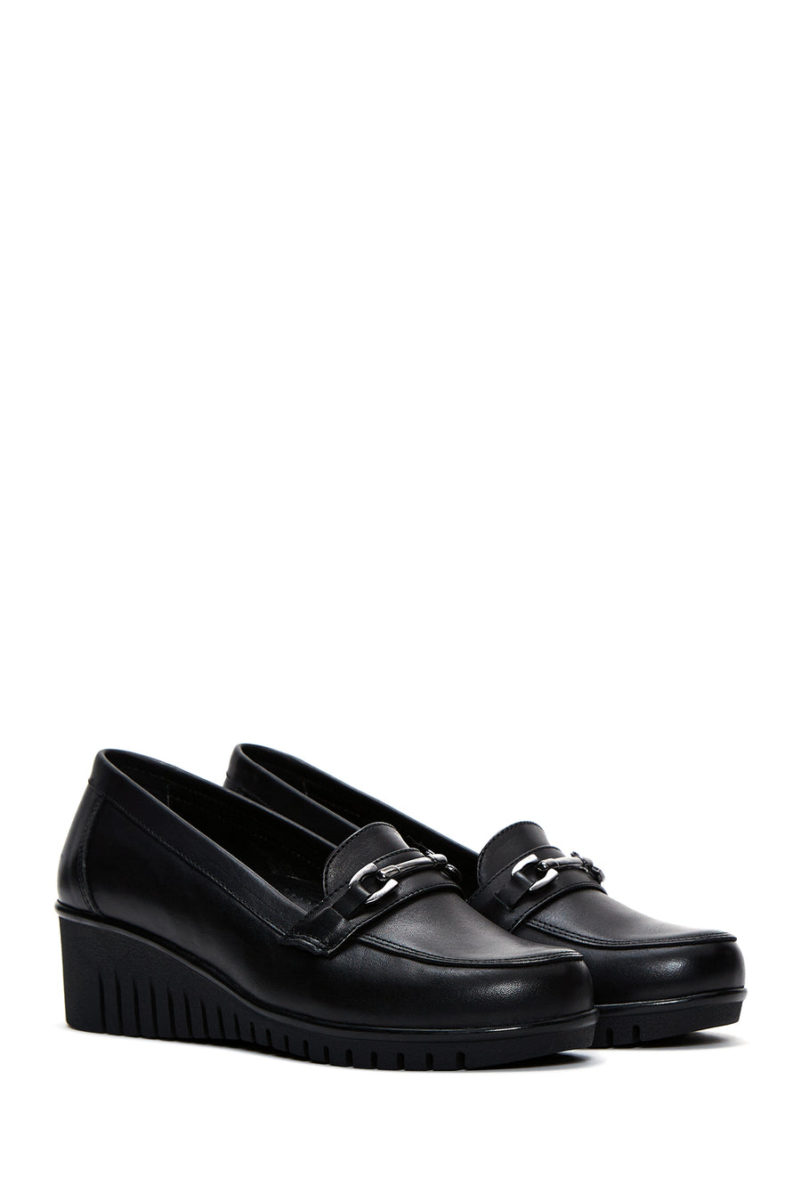 Women's Black Leather Buckle Wedge Heeled Loafer