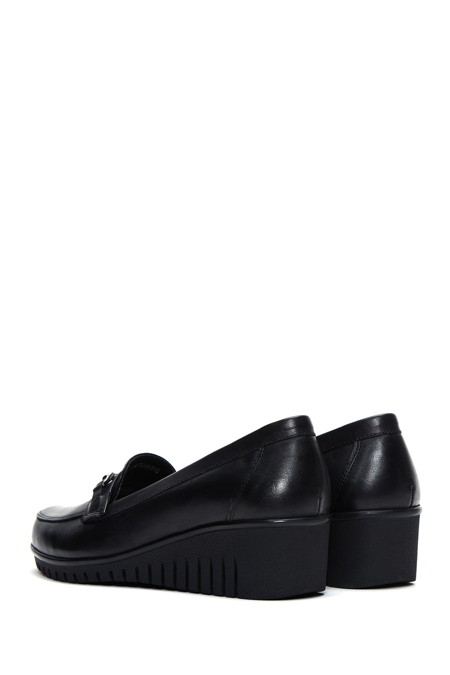 Women's Black Leather Buckle Wedge Heeled Loafer
