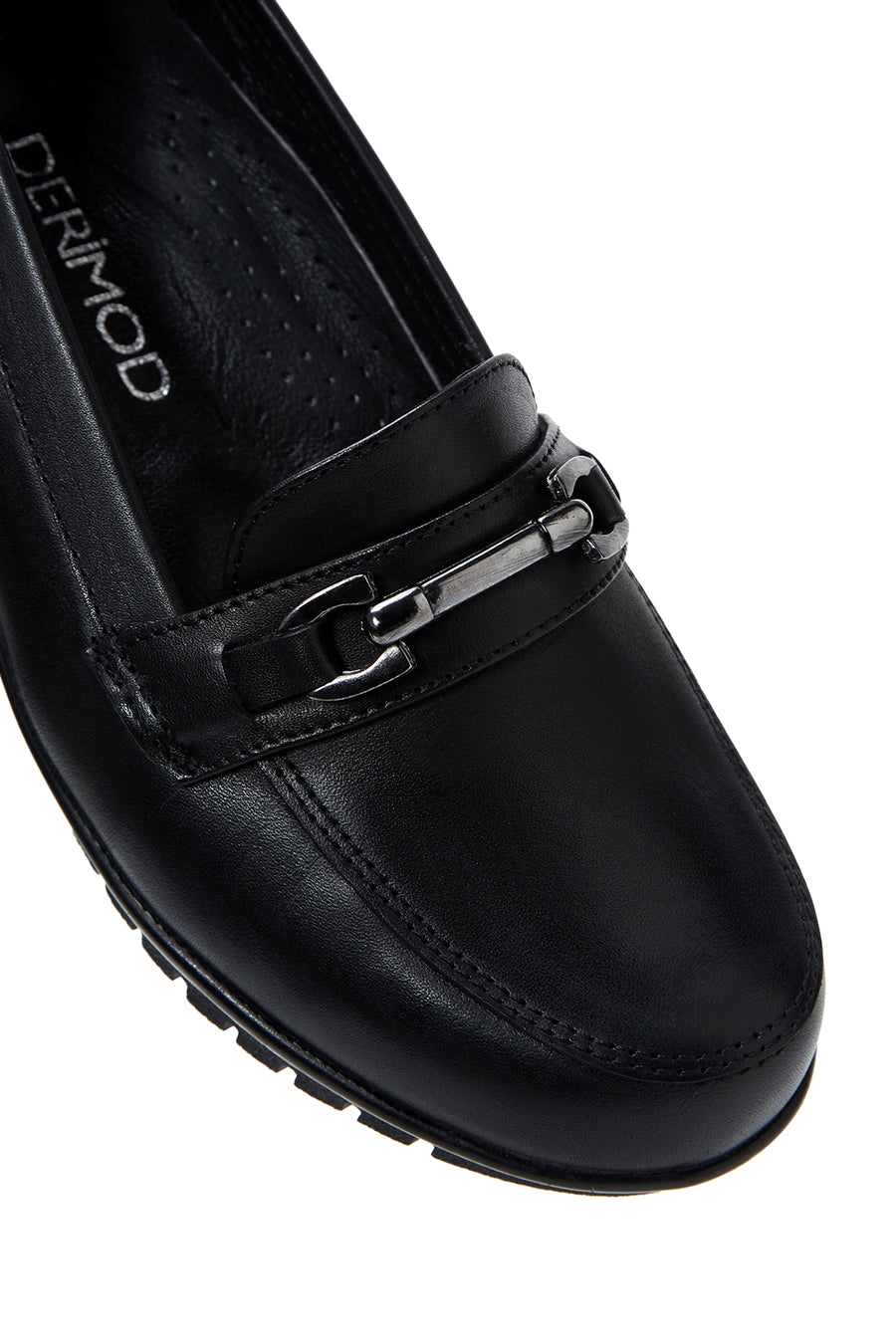 Women's Black Leather Buckle Wedge Heeled Loafer