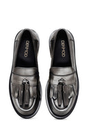 Women's Silver Leather Tasseled Masculine Loafer | Derimod