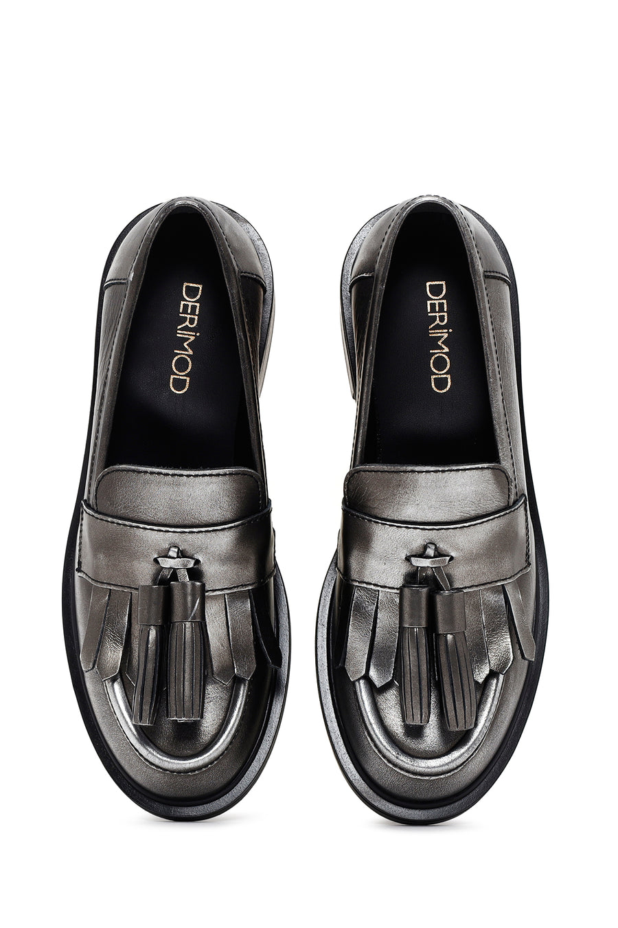 Women's Silver Leather Tasseled Masculine Loafer