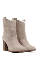 Women's Beige Suede Heeled Cowboy Boots | Derimod