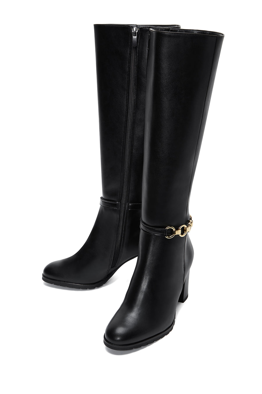 Women's Black Zippered Buckle Heeled Boots