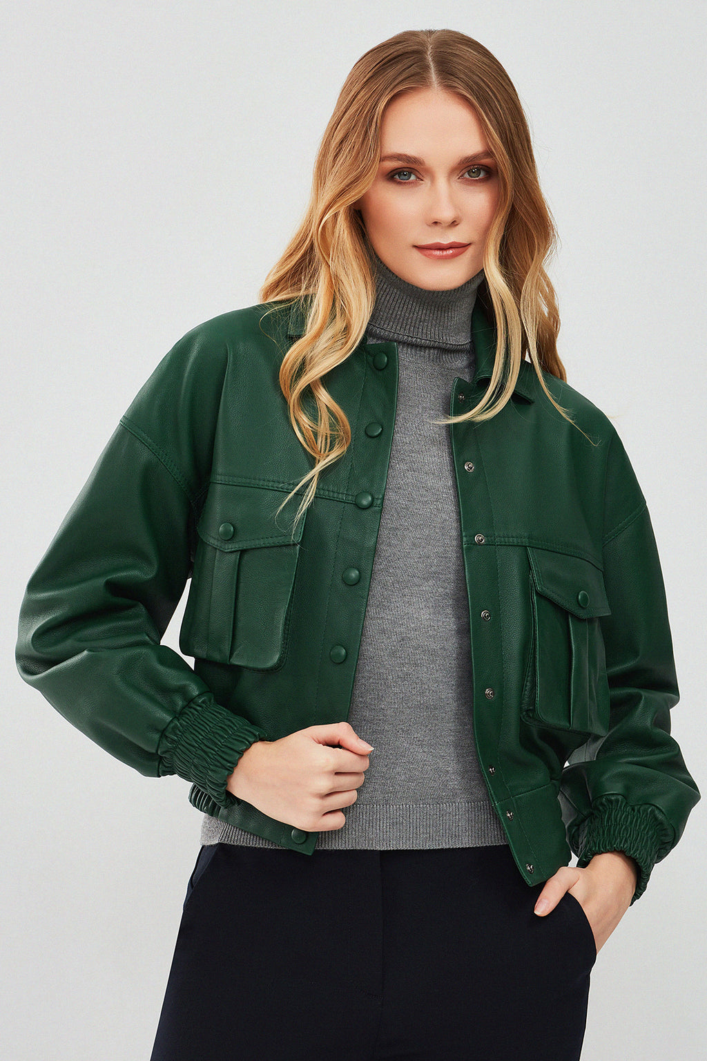 Chloe Kadın Yeşil Oversize Kısa Deri Mont