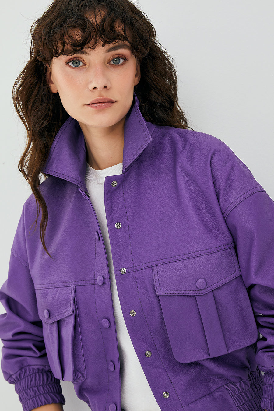 Chloe Kadın Mor Oversize Kısa Deri Mont