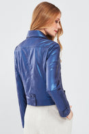Sirena Women's Navy Blue Short Leather Jacket | Derimod
