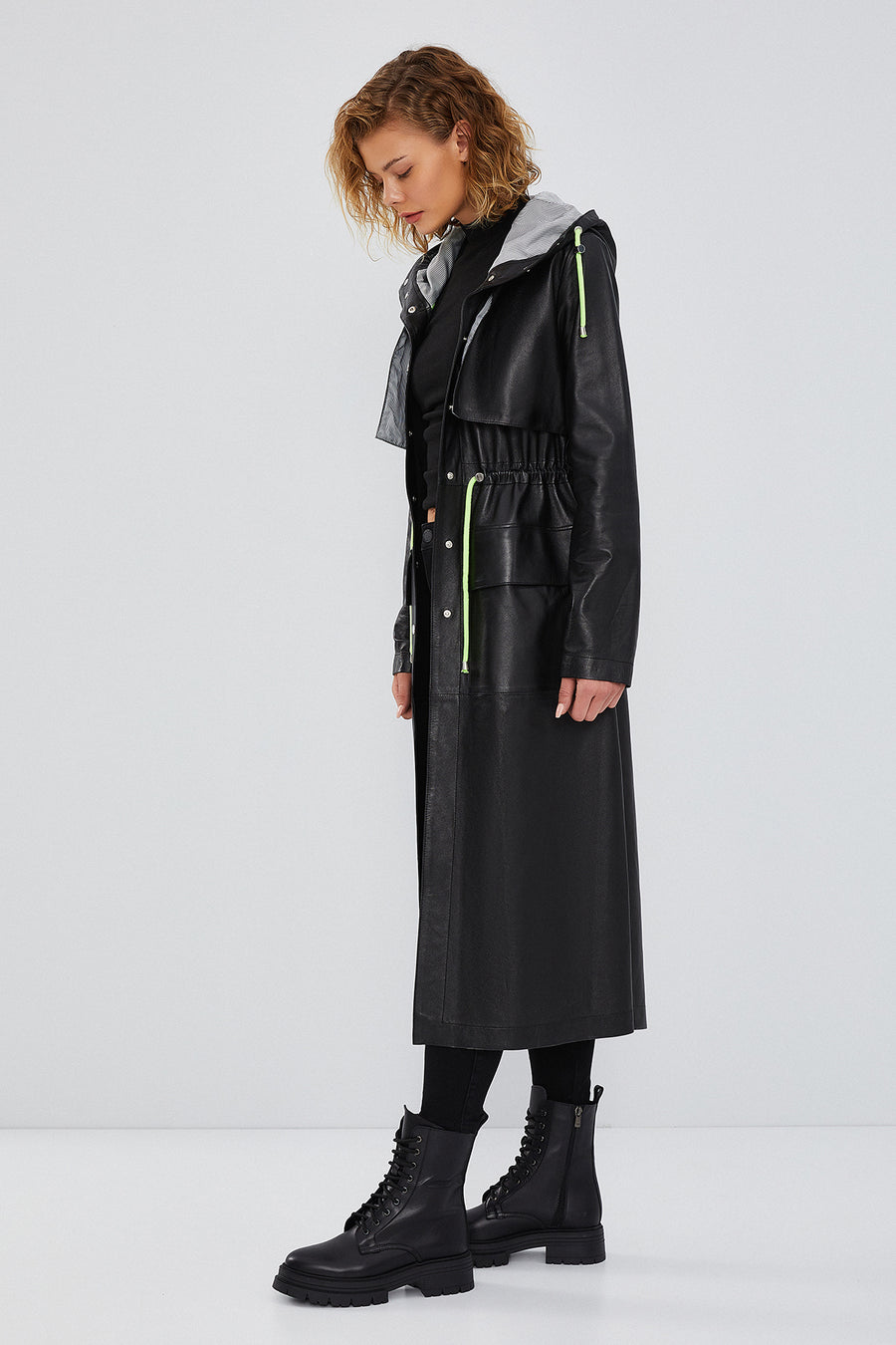 Rihanna Women's Black Hooded Leather Trench Coat