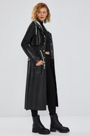 Rihanna Women's Black Hooded Leather Trench Coat | Derimod