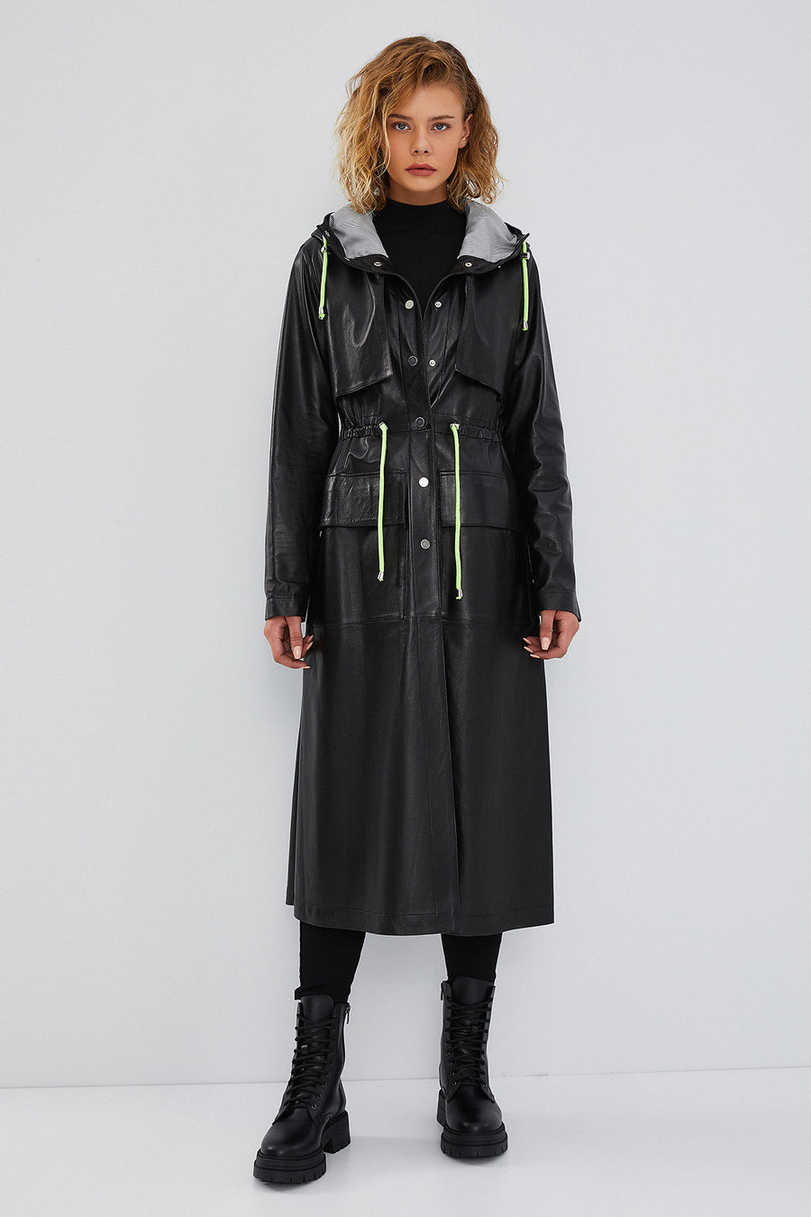 Rihanna Women's Black Hooded Leather Trench Coat