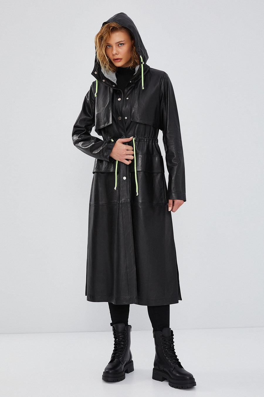 Rihanna Women's Black Hooded Leather Trench Coat