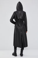 Rihanna Women's Black Hooded Leather Trench Coat | Derimod