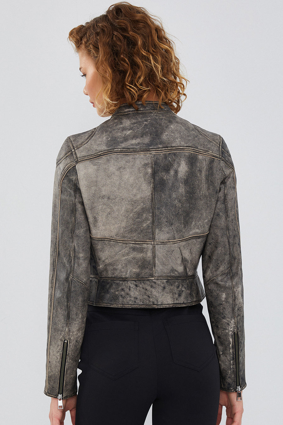 Zoey Women's Gray Vintage Short Leather Coat