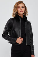 Ida Women's Black Double Sided Fur Short Leather Jacket | Derimod