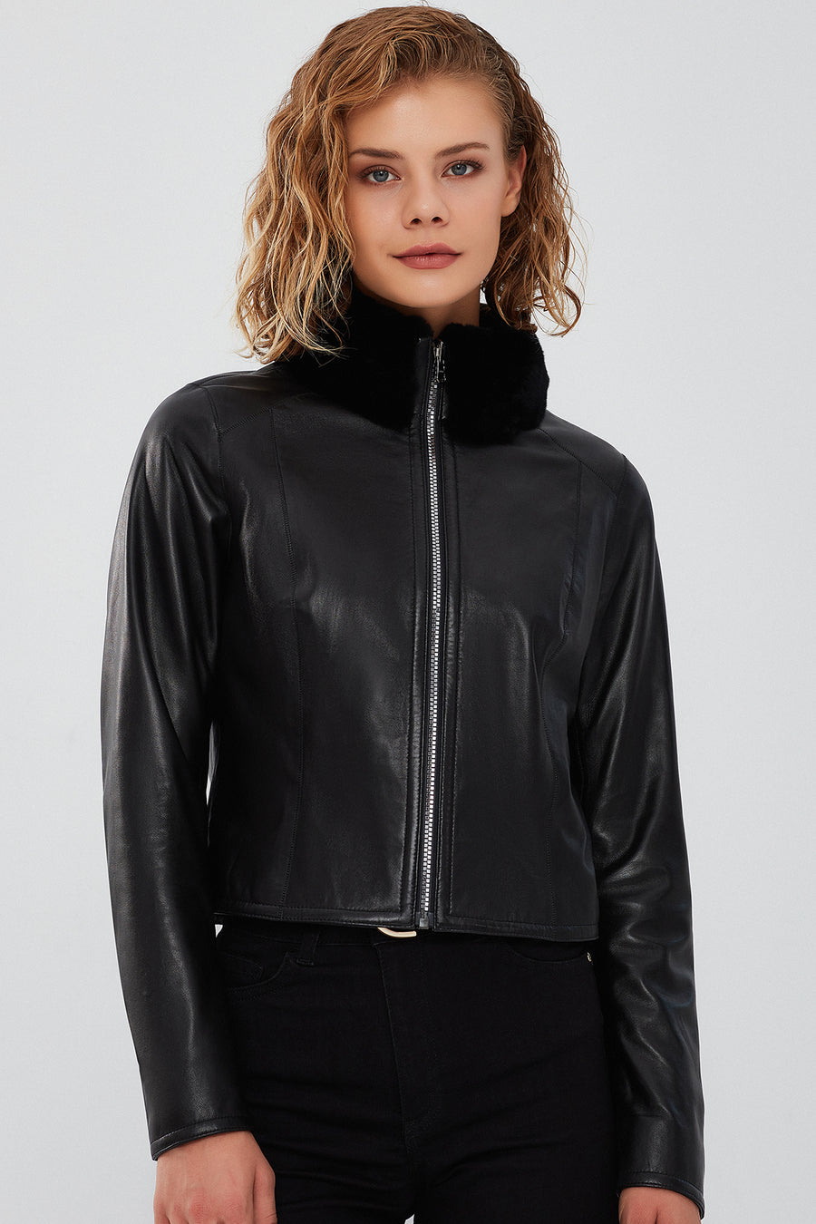 Ida Women's Black Double Sided Fur Short Leather Jacket