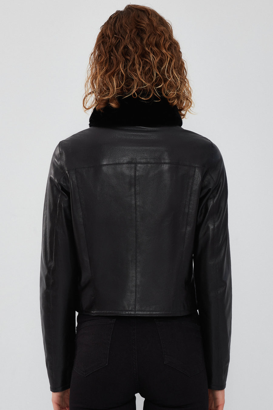 Ida Women's Black Double Sided Fur Short Leather Jacket