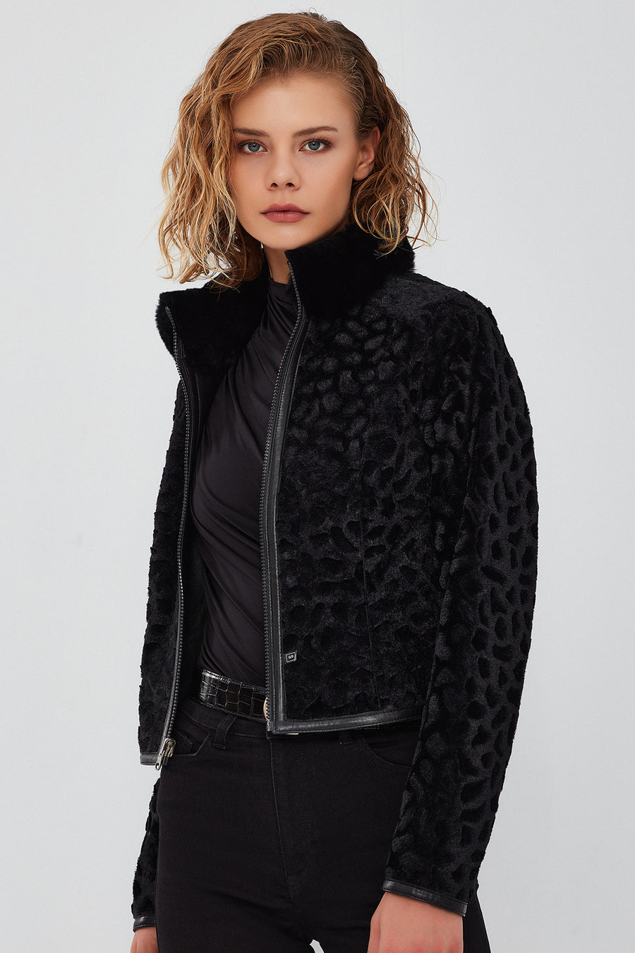 Ida Women's Black Double Sided Fur Short Leather Jacket