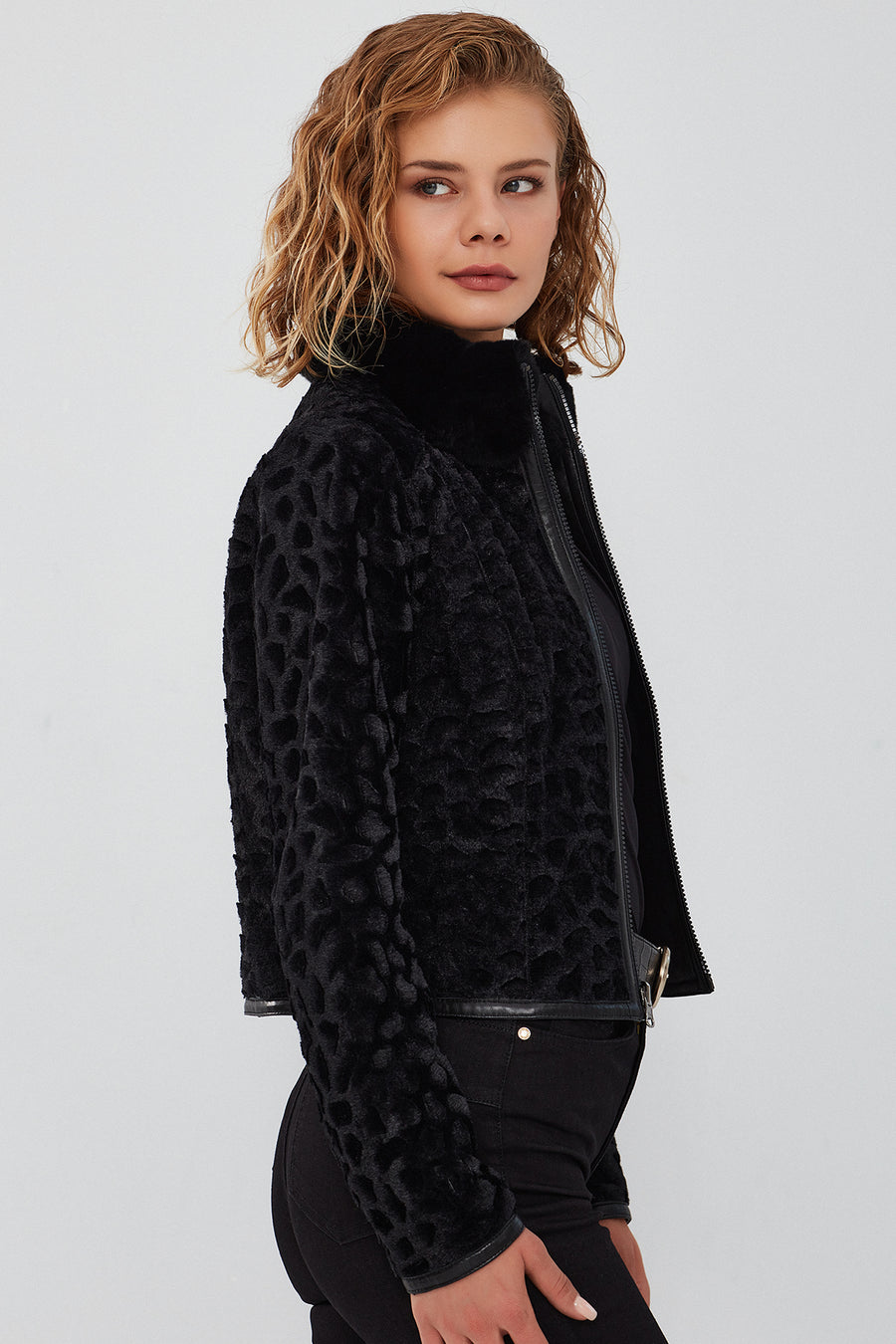 Ida Women's Black Double Sided Fur Short Leather Jacket