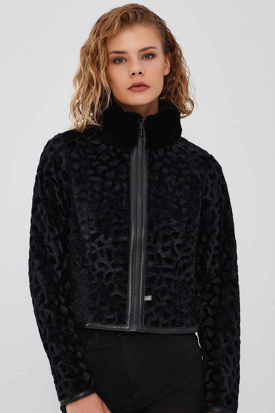 Ida Women's Black Double Sided Fur Short Leather Jacket
