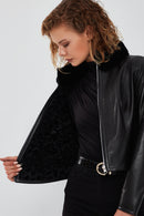 Ida Women's Black Double Sided Fur Short Leather Jacket | Derimod