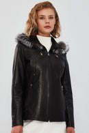 Audrey Women's Black Hooded Furry Leather Coat | Derimod